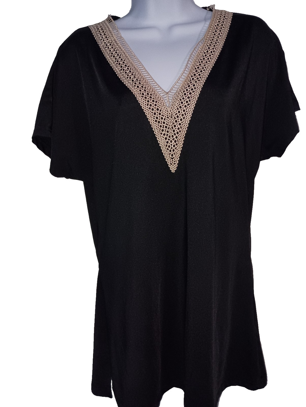 SHEIN Lune Black Boho Guipure Lace V Neck Blouse Tunic Shirt Top Size Large L